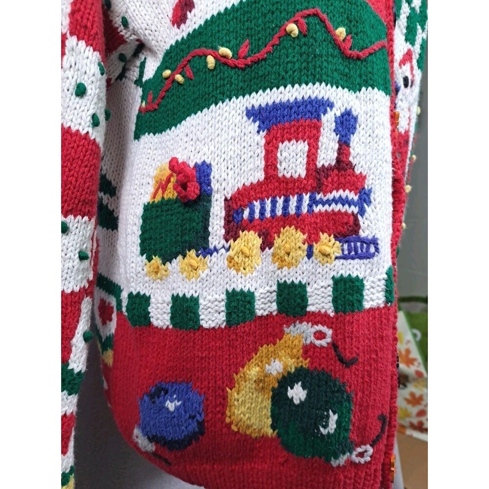 VTG 90's Eagles Eye Hand-Knit Christmas Cardigan Sweater Med Santa Ugly Party - Picture 7 of 13
